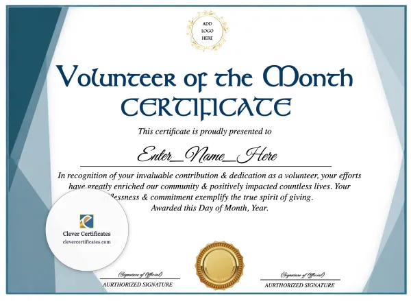 Free Volunteer Of The Month Certificate