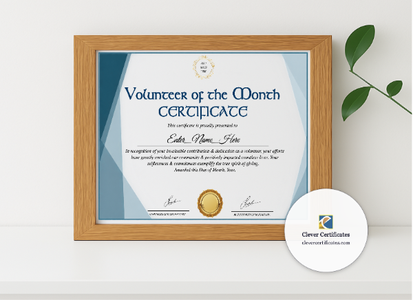 Realistic mockup featuring Volunteer Of The Month Certificate displayed within a modern frame, set against a minimalistic background.