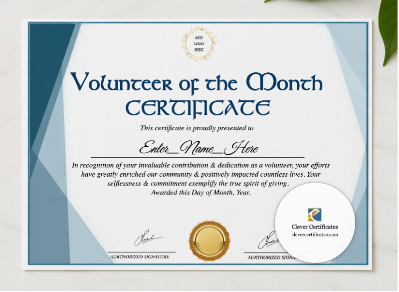 Volunteer Of The Month Certificate presented in a sleek wooden frame, elegantly arranged on a stylish table.