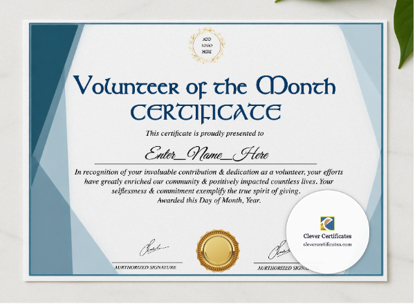 Volunteer Of The Month Certificate presented in a sleek wooden frame, elegantly arranged on a stylish table.