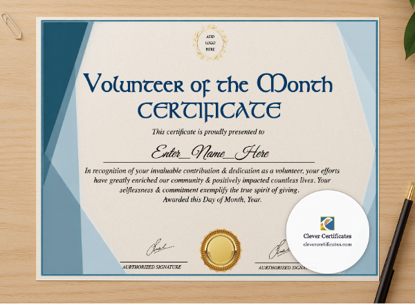Professional preview of Volunteer Of The Month Certificate certificate on high-quality stationery paper, ideal for showcasing the final look.