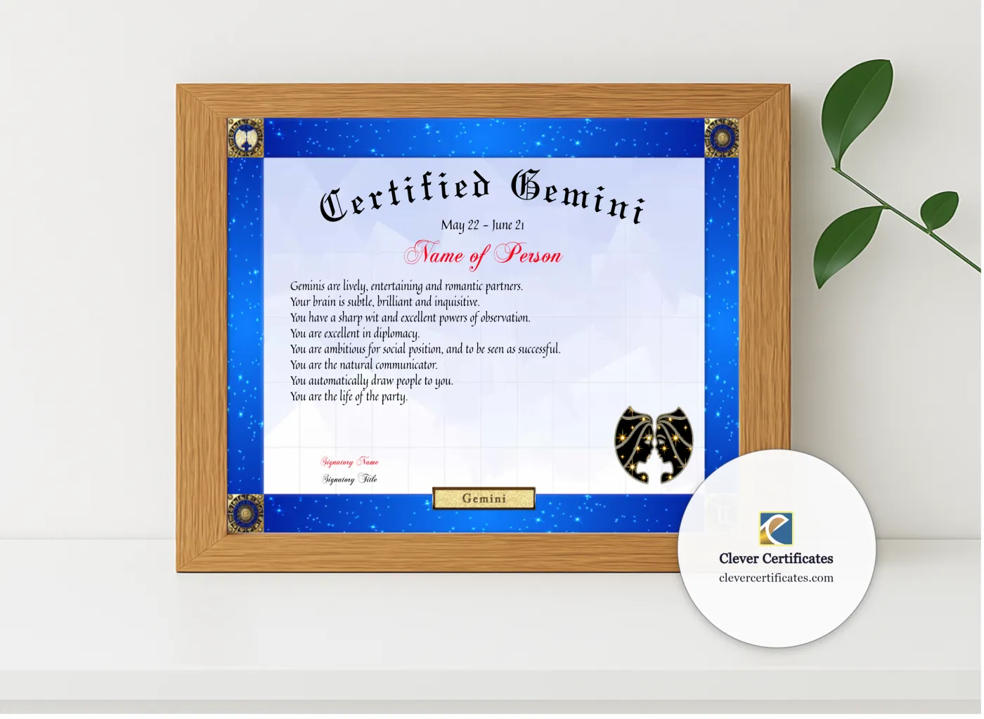 Realistic mockup featuring Certified Gemini Award displayed within a modern frame, set against a minimalistic background.