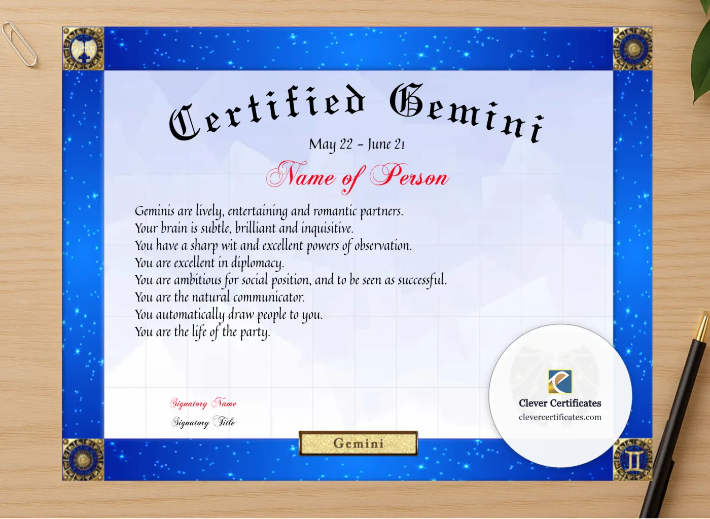 Professional preview of Certified Gemini Award certificate on high-quality stationery paper, ideal for showcasing the final look.