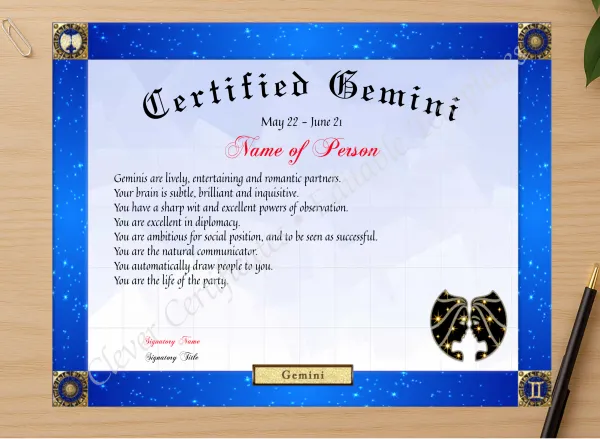 Professional preview of Certified Gemini Award certificate on high-quality stationery paper, ideal for showcasing the final look.