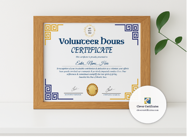 Realistic mockup featuring Volunteer Hours Certificate displayed within a modern frame, set against a minimalistic background.