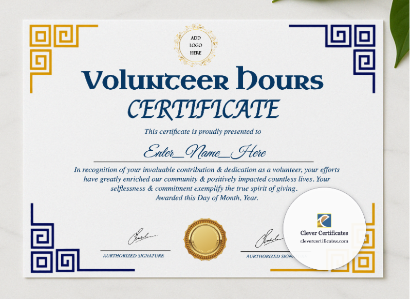 Volunteer Hours Certificate presented in a sleek wooden frame, elegantly arranged on a stylish table.
