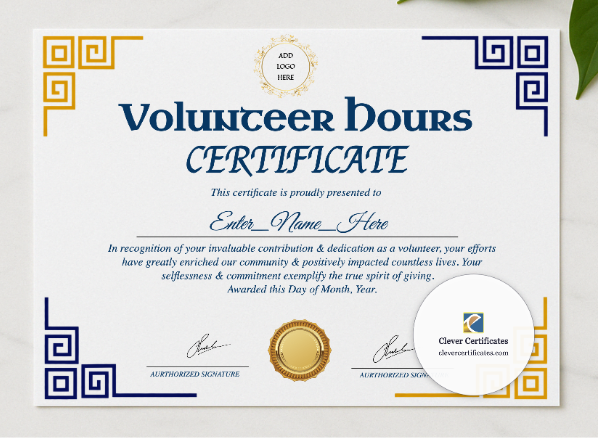 Volunteer Hours Certificate presented in a sleek wooden frame, elegantly arranged on a stylish table.