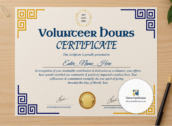 Professional preview of Volunteer Hours Certificate certificate on high-quality stationery paper, ideal for showcasing the final look.