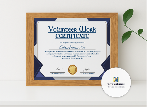 Realistic mockup featuring Volunteer Work Certificate displayed within a modern frame, set against a minimalistic background.