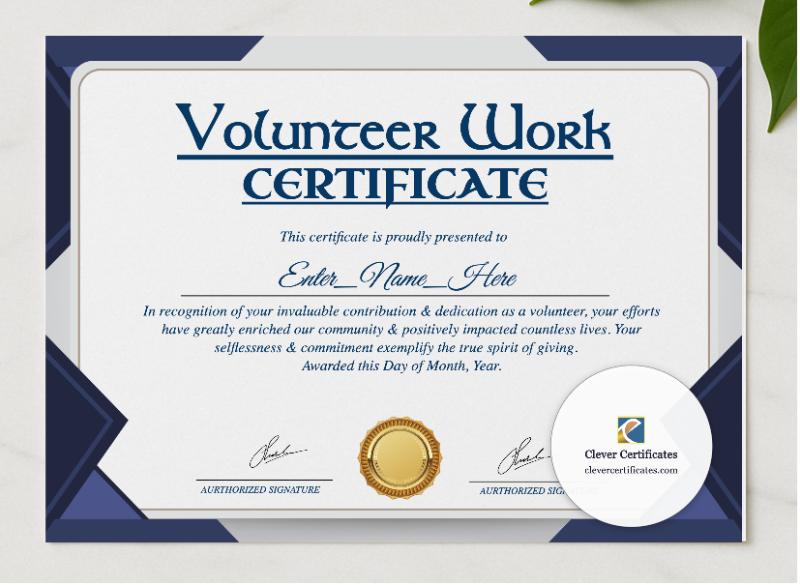 Volunteer Work Certificate presented in a sleek wooden frame, elegantly arranged on a stylish table.