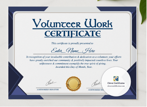 Volunteer Work Certificate presented in a sleek wooden frame, elegantly arranged on a stylish table.