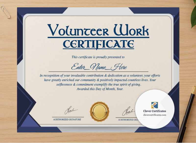 Professional preview of Volunteer Work Certificate certificate on high-quality stationery paper, ideal for showcasing the final look.