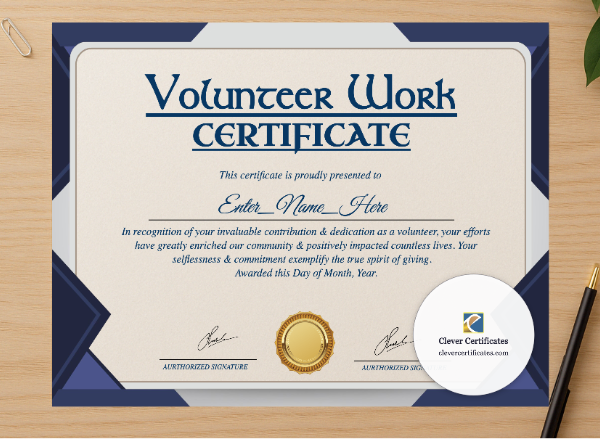 Professional preview of Volunteer Work Certificate certificate on high-quality stationery paper, ideal for showcasing the final look.
