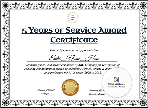 Free 5 Years Of Service Award Certificate