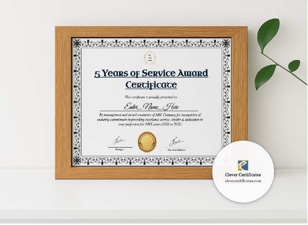 Realistic mockup featuring 5 Years Of Service Award Certificate displayed within a modern frame, set against a minimalistic background.