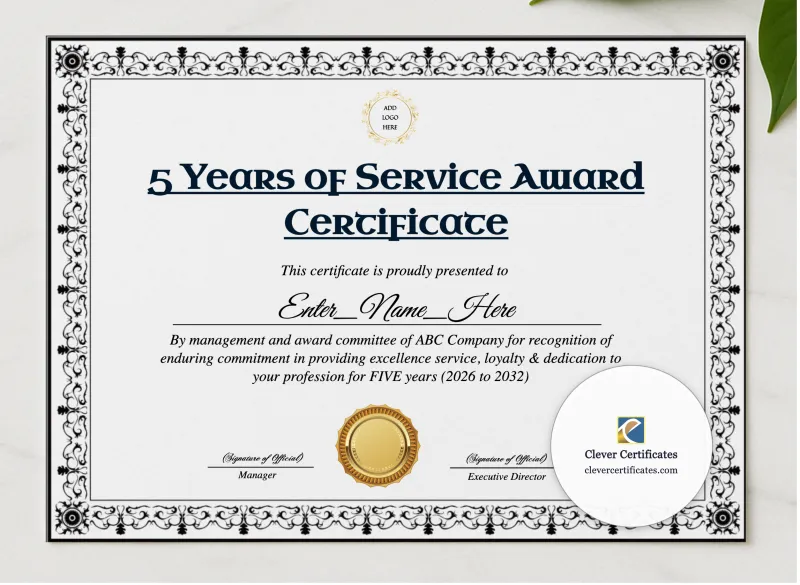 5 Years Of Service Award Certificate presented in a sleek wooden frame, elegantly arranged on a stylish table.