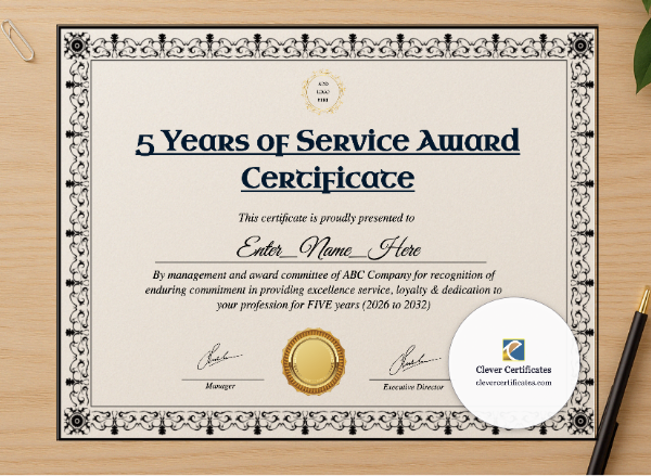 Professional preview of 5 Years Of Service Award Certificate certificate on high-quality stationery paper, ideal for showcasing the final look.