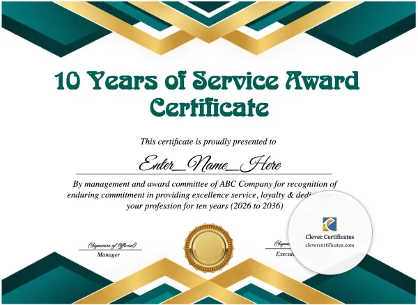 Free 10 Years Of Service Award Certificate