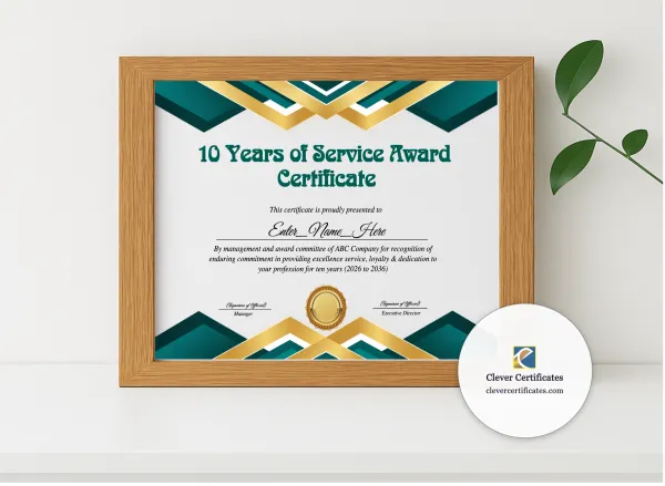 Realistic mockup featuring 10 Years Of Service Award Certificate displayed within a modern frame, set against a minimalistic background.