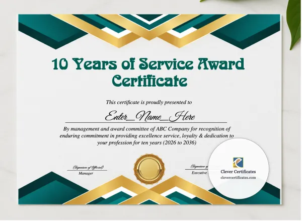 10 Years Of Service Award Certificate presented in a sleek wooden frame, elegantly arranged on a stylish table.