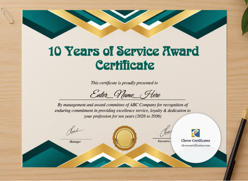 Professional preview of 10 Years Of Service Award Certificate certificate on high-quality stationery paper, ideal for showcasing the final look.