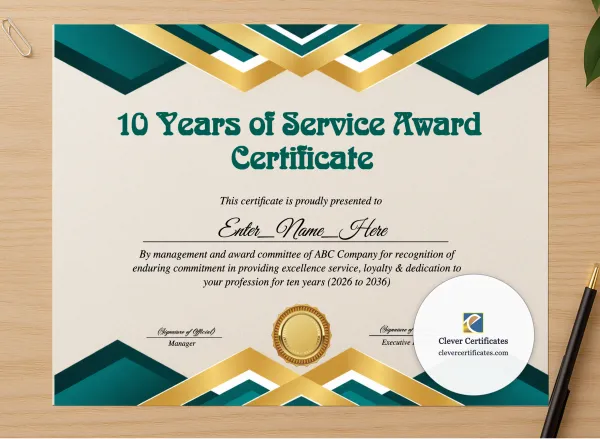 Professional preview of 10 Years Of Service Award Certificate certificate on high-quality stationery paper, ideal for showcasing the final look.