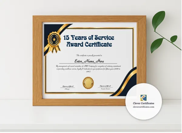 Realistic mockup featuring 15 Years Of Service Award Certificate displayed within a modern frame, set against a minimalistic background.