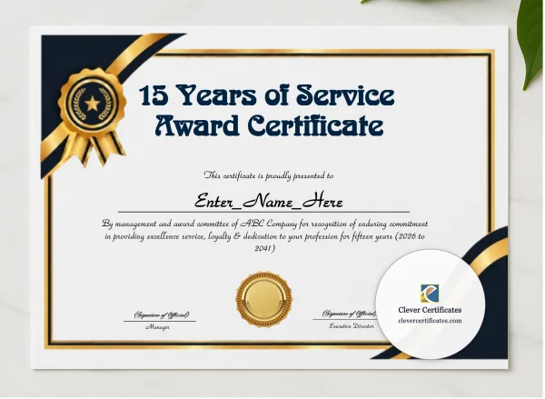 15 Years Of Service Award Certificate presented in a sleek wooden frame, elegantly arranged on a stylish table.