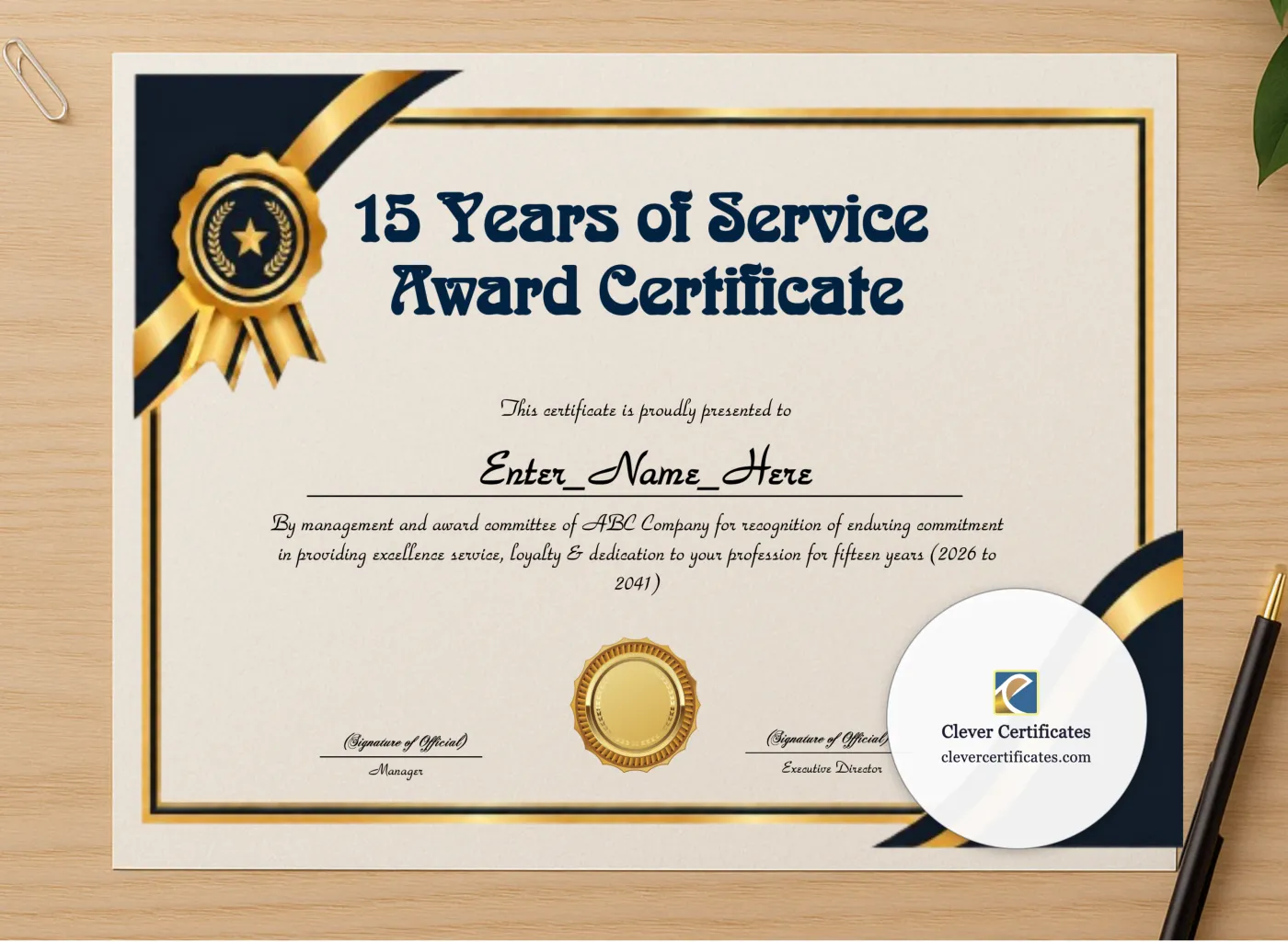 Professional preview of 15 Years Of Service Award Certificate certificate on high-quality stationery paper, ideal for showcasing the final look.