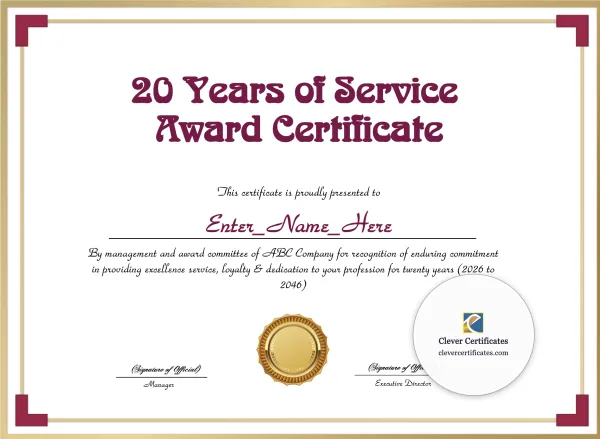 Free 20 Years Of Service Award Certificate