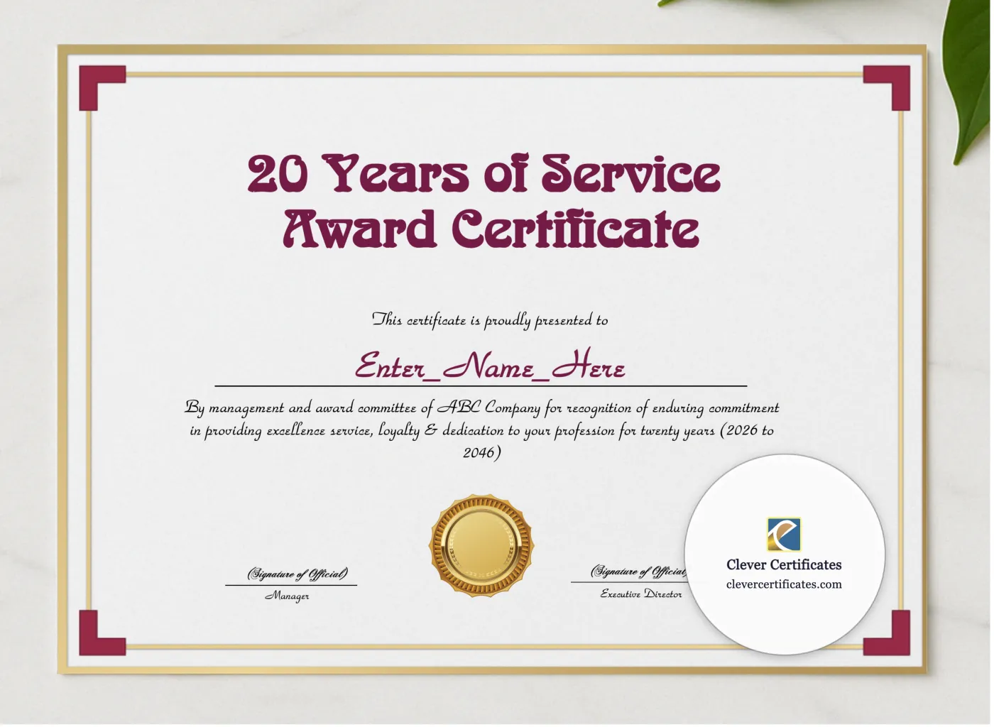 20 Years Of Service Award Certificate presented in a sleek wooden frame, elegantly arranged on a stylish table.
