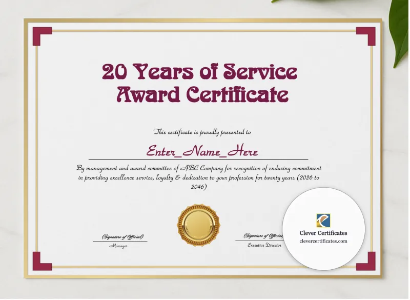 20 Years Of Service Award Certificate presented in a sleek wooden frame, elegantly arranged on a stylish table.