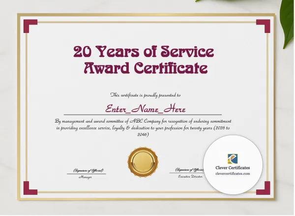 20 Years Of Service Award Certificate presented in a sleek wooden frame, elegantly arranged on a stylish table.