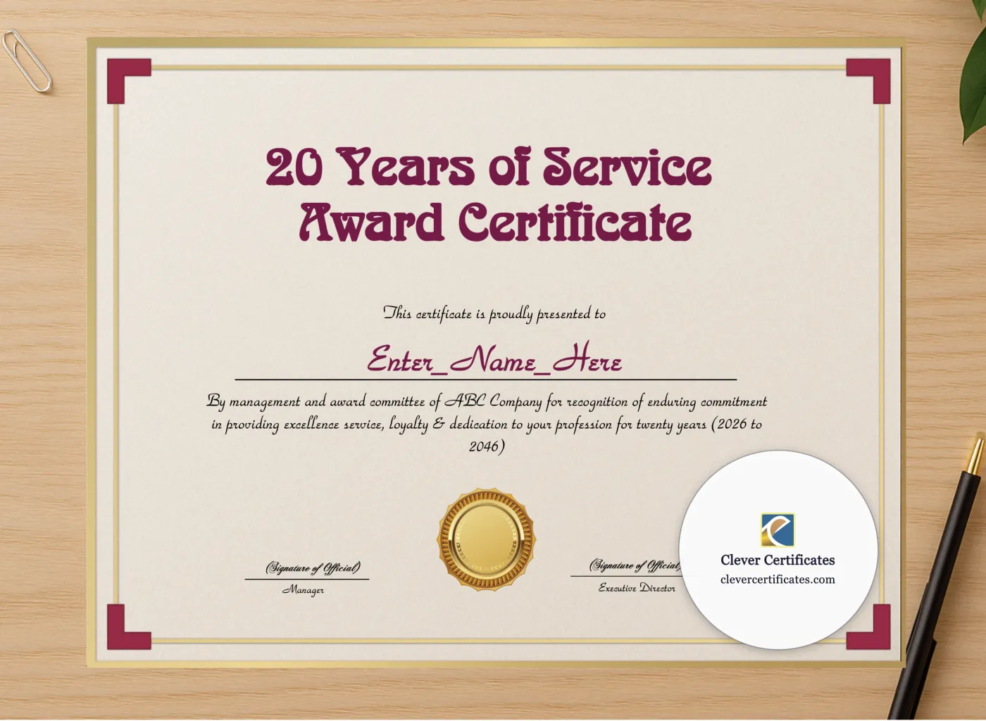 Professional preview of 20 Years Of Service Award Certificate certificate on high-quality stationery paper, ideal for showcasing the final look.