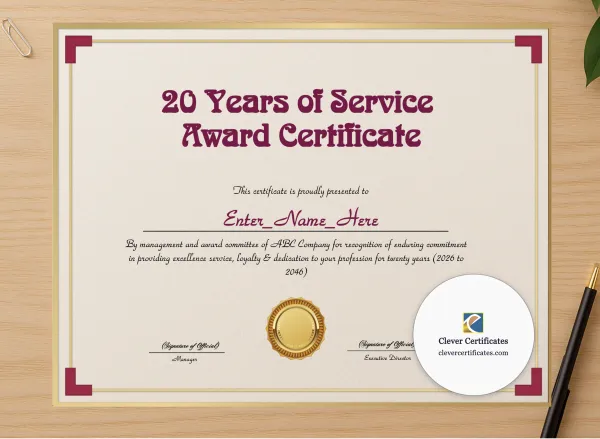 Professional preview of 20 Years Of Service Award Certificate certificate on high-quality stationery paper, ideal for showcasing the final look.