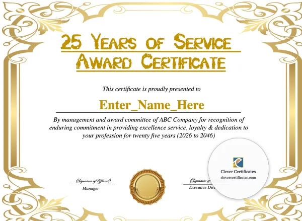 Free 25 Years Of Service Award Certificate
