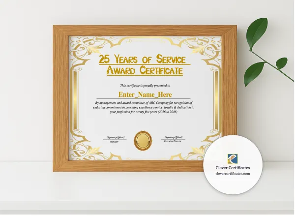 Realistic mockup featuring 25 Years Of Service Award Certificate displayed within a modern frame, set against a minimalistic background.