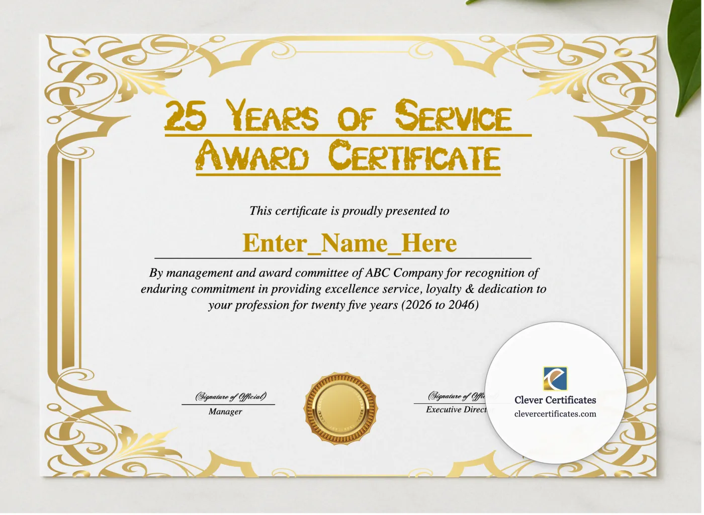 25 Years Of Service Award Certificate presented in a sleek wooden frame, elegantly arranged on a stylish table.
