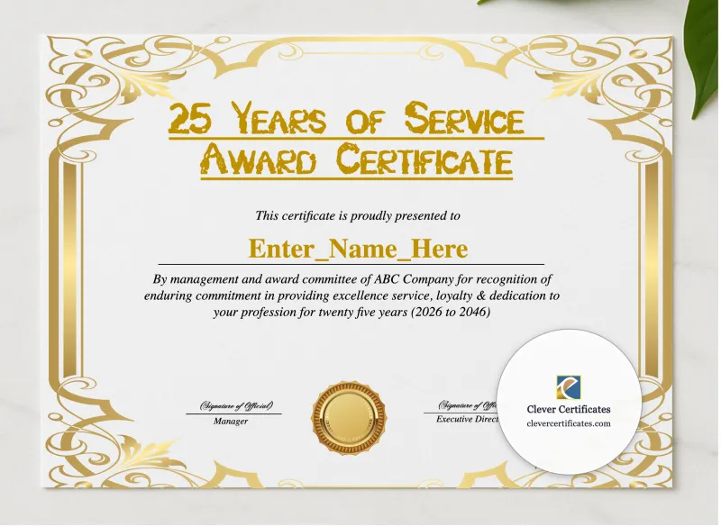 25 Years Of Service Award Certificate presented in a sleek wooden frame, elegantly arranged on a stylish table.