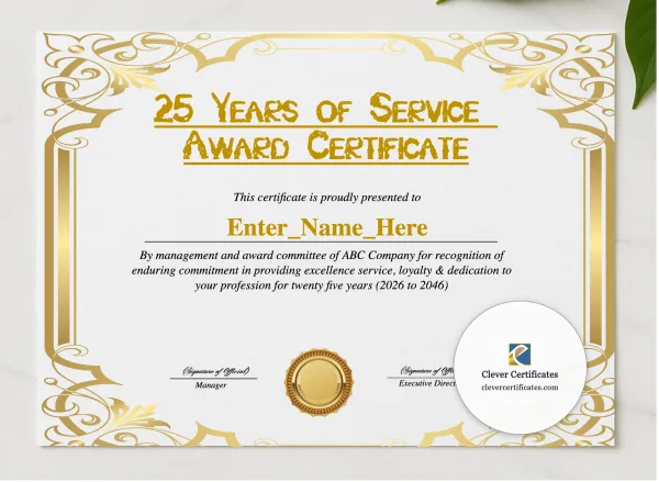 25 Years Of Service Award Certificate presented in a sleek wooden frame, elegantly arranged on a stylish table.