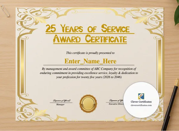 Professional preview of 25 Years Of Service Award Certificate certificate on high-quality stationery paper, ideal for showcasing the final look.