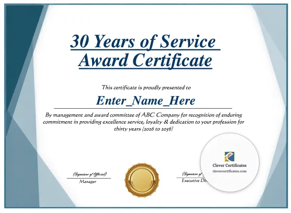 Free 30 Years Of Service Award Certificate
