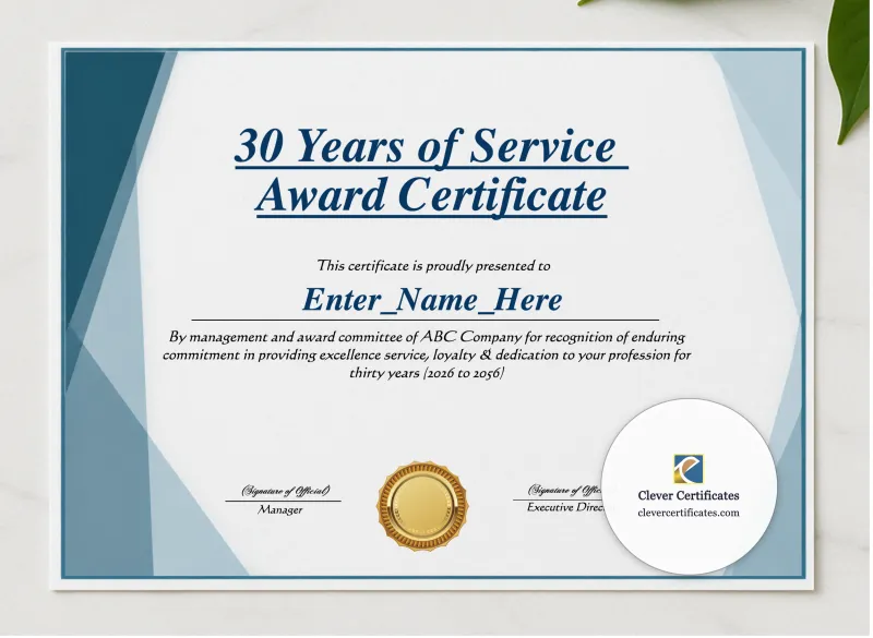 30 Years Of Service Award Certificate presented in a sleek wooden frame, elegantly arranged on a stylish table.