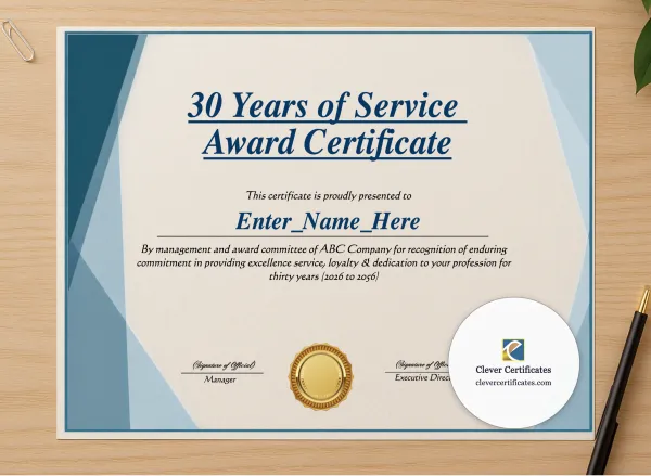 Professional preview of 30 Years Of Service Award Certificate certificate on high-quality stationery paper, ideal for showcasing the final look.