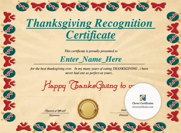 Free Thanksgiving Recognition Certificate