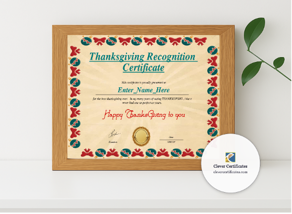 Realistic mockup featuring Thanksgiving Recognition Certificate displayed within a modern frame, set against a minimalistic background.