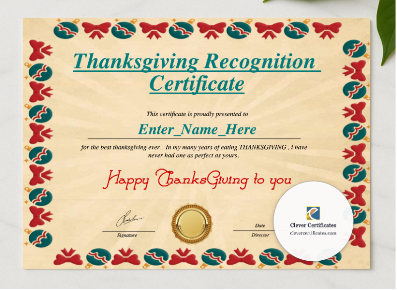 Thanksgiving Recognition Certificate presented in a sleek wooden frame, elegantly arranged on a stylish table.
