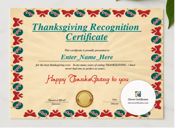 Thanksgiving Recognition Certificate presented in a sleek wooden frame, elegantly arranged on a stylish table.