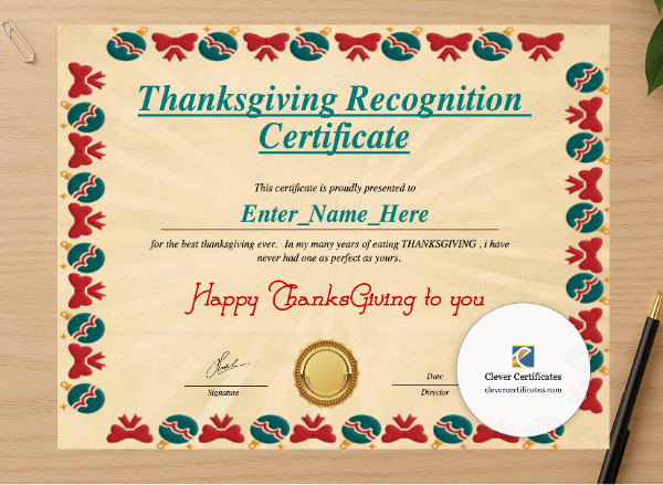 Professional preview of Thanksgiving Recognition Certificate certificate on high-quality stationery paper, ideal for showcasing the final look.