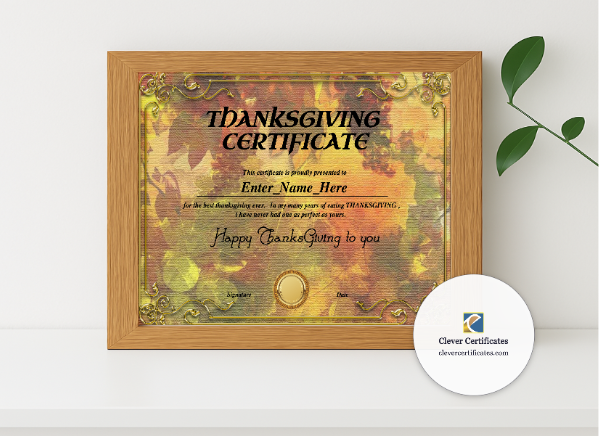 Realistic mockup featuring Thanksgiving Employee Appreciation Certificate displayed within a modern frame, set against a minimalistic background.